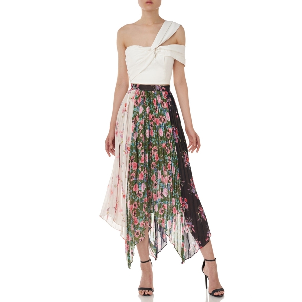 Amur Mica Skirt Tri Color Floral Pleated Hankerchief Hem Midi Skirt 4